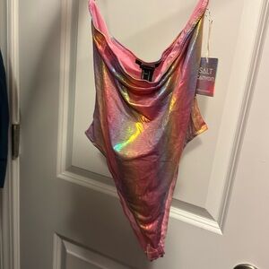Iridescent strapless thong bodysuit